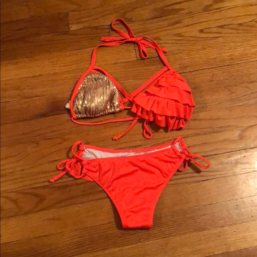Orange gold sequin ruffle bathing suit small